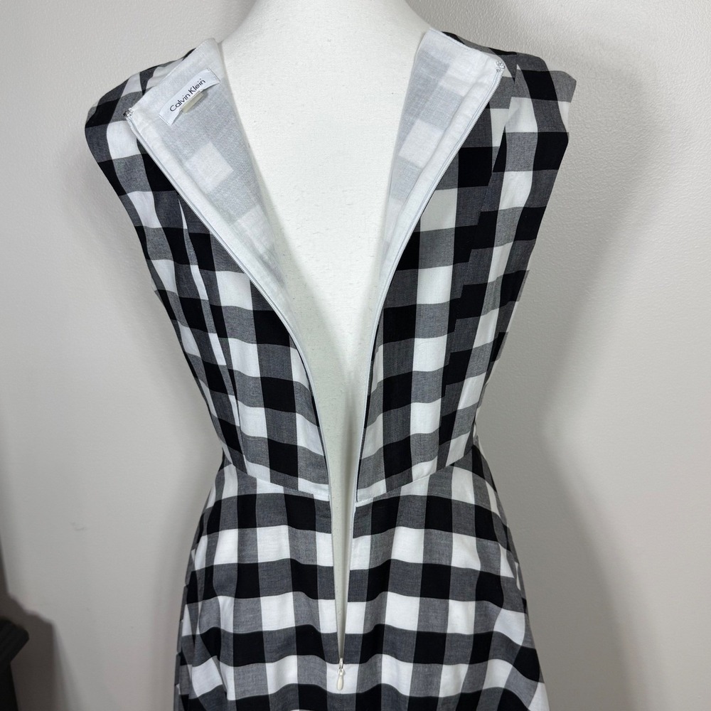 Calvin Klein Womens Fit Flare Dress Black White Gingham Waist Tie Classic Retro - Picture 6 of 13